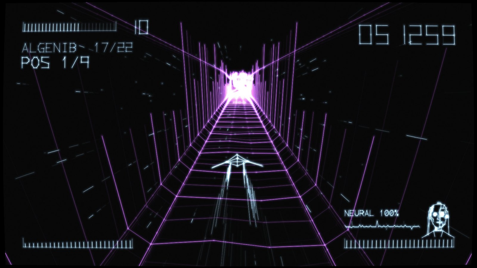 Racing through a tunnel of light in first position