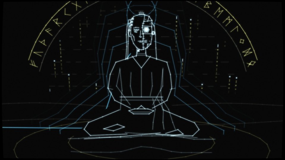 The pilot meditates in a niche carved with runes