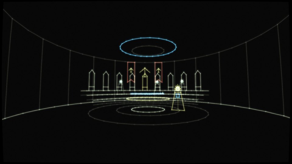 The round council chamber with banners and masked members